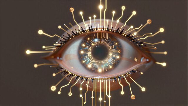 A futuristic eye with glowing circuitry, blending human vision and advanced technology.