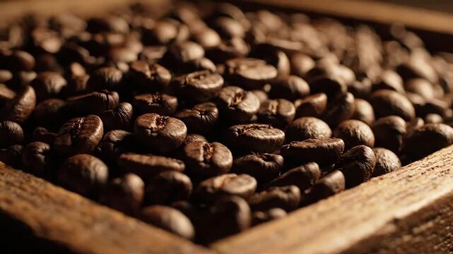 Aromatic roasted dark coffee beans piled high in a rustic wooden box for brewing fresh morning espresso or as a thoughtful artisan holiday gift idea