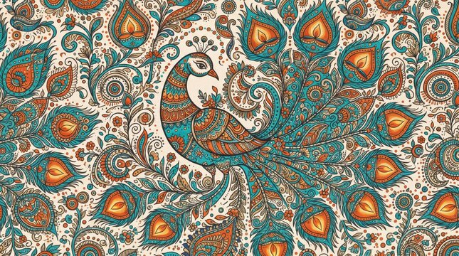Traditional diwali deepavali pattern with ornamental peacock motifs and paisley art style