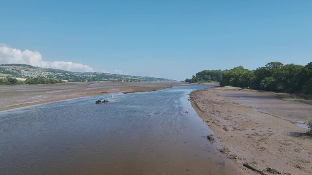 Fields and Farms over River Teign at low tide from a drone, Newton Abbot, Devon, England, United Kingdom