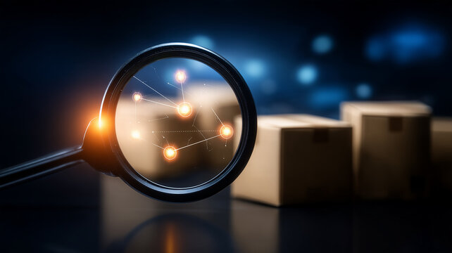 A magnifying glass examining connected packages represents supply chain analysis and logistics tracking.
