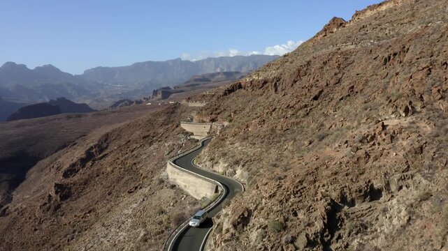 Drone shot, mountain road at the Degollade de las Yeguas viewpoint, Gran Canaria, Canary Islands, Spain
