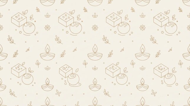 Minimalist beige seamless line art pattern with indian festival icons deepavali festival seamless