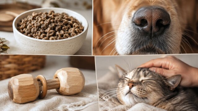 Pet Care and Domestic Animal Wellness Concept: Four Panel Collage Showing Kibble Bowl, Dog Nose Close Up, Wooden Toy, and Petting Cat