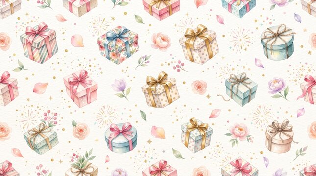 Watercolor seamless pattern with colorful gift boxes and floral elements seamless watercolor
