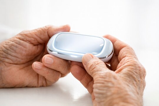 Assistive Health Technology and Senior Care: Elderly Hands Holding Compact Digital Medical Monitor Device