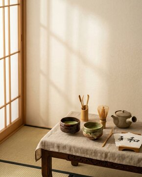 Traditional Japanese Matcha Tea Ceremony: Matcha Bowls, Bamboo Whisk, Teapot, and Calligraphy on Table Beside Shoji Screen