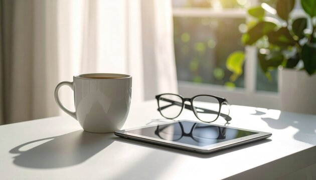 Remote work and digital nomad lifestyle coffee cup with tablet and glasses on a desk in a sunlit home office for freelance business productivity