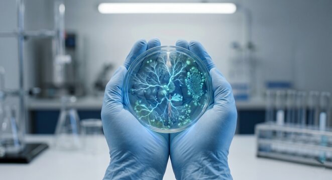 Biotechnology and Scientific Research: Scientist Holding Petri Dish with Glowing Bacterial Culture in Laboratory