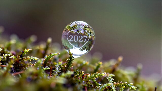 A clear droplet on moss reflects 2027 inside a heart shape, symbolizing new beginnings.