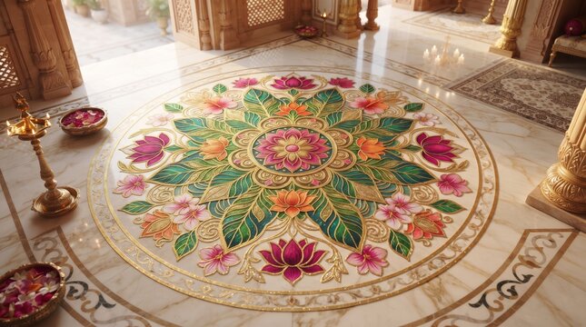 Rangoli floral pattern with lamps for traditional diwali celebration concept