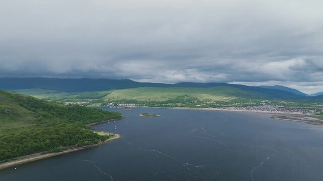 Fort William and Inverlochy from a drone, Loch Linnhe, Ben Nevis, Scottish Highlands, Scotland, England, United Kingdom