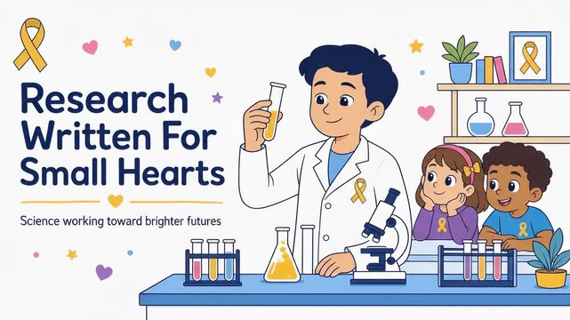Cartoon scientist and kids promoting pediatric medical research