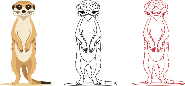 Meerkat standing tan cream black triple version colored black red outline vector illustration isolated mammal wildlife animal suricate desert cute