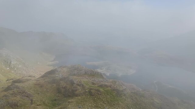 Pyg Track and Llyn Llydaw lake in clouds from a drone, Pen-y-Pass, mountain pass, Snowdonia, Gwynedd, north-west Wales, UK