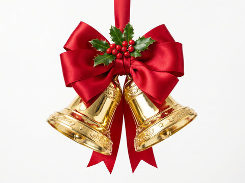 Golden Christmas bells with red ribbon and holly.