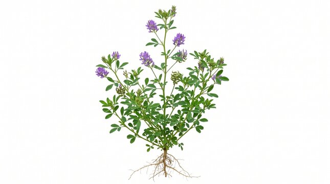 Medicago Sativa Alfalfa Flowering Plant with Root System and Purple Blossoms Isolated on White Background