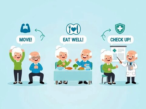 Healthy Senior Lifestyle and Geriatric Healthcare: Infographic Sequence Showing Exercise, Balanced Nutrition, and Regular Doctor Checkup