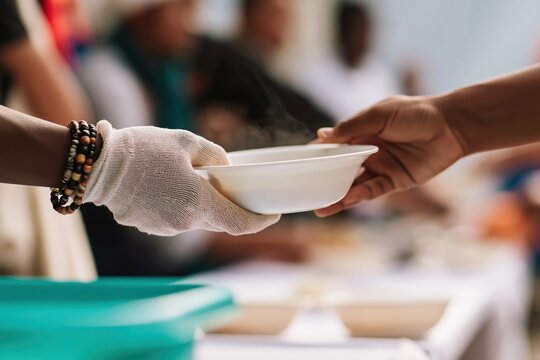 Volunteer serving a meal to a person in need at a charity food drive for community assistance