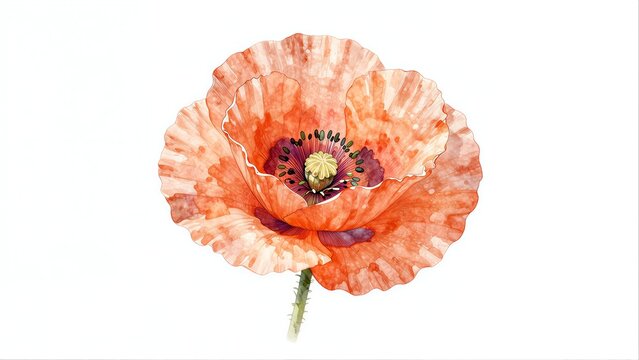 Watercolor poppy with soft orange petals and green stem against white background.