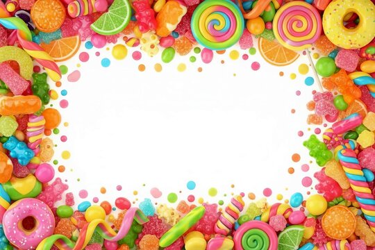 Colorful Candy and Sweet Treats Frame: Rectangular Border of Lollipops, Gummy Bears, Donuts, and Candies Framing Central Copy Space