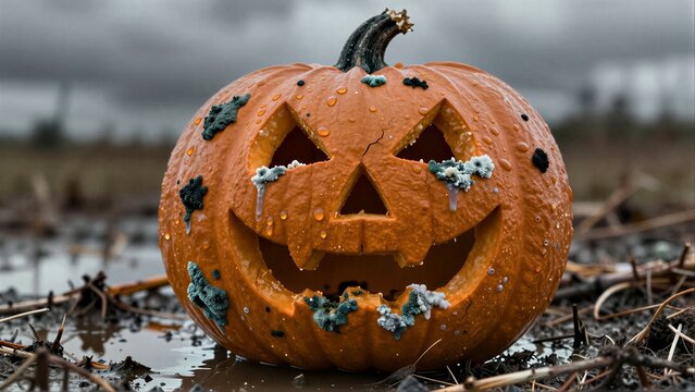 Moldy, water-damaged pumpkin lies abandoned in muddy field under cloudy sky.