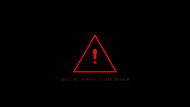 Red glowing warning sign of a system breach and critical error on a black digital screen representing a cyber attack computer virus hacking attempt and network security failure background