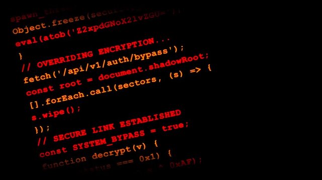 Red Hacking Code Lines Scrolling on Black Background with Critical Error 404 Message System Bypass Overriding Encryption and Security Breach Concept for Cybersecurity and Information Technology