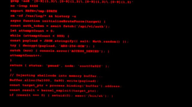Abstract digital red computer code and malicious hacking scripts scrolling on a dark terminal screen representing cyber attack, data breach, system vulnerability, and unauthorized network access.