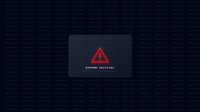 Cyber Security Breach Alert with System Critical Warning Message and Red Triangle Icon Displayed Over Rows of Blue Computer Code on Dark Digital Background for Hacking and Malware Concepts