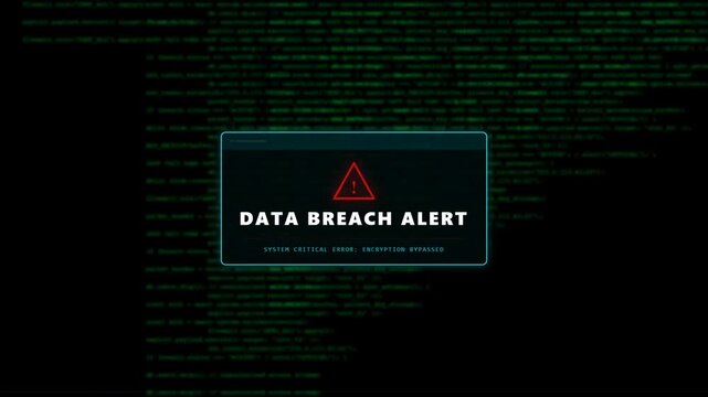 Data Breach Alert Pop-Up Message Displayed on a Dark Digital Screen with Scrolling Green Computer Code Background, Concept for Cybersecurity Threats, Hacking Attacks and Encryption Failure.
