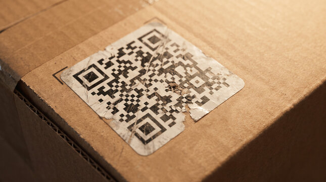 Damaged QR code label on a corrugated cardboard box. Package tracking and barcode scanning concept. Shipping logistics, supply chain and digital identification. Close-up parcel label.