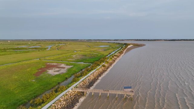 Fishing huts over Marshes and Randonnee entre Histoire et Nature from a drone, Fouras, Fouras-les-Bains, Charente-Maritime, Nouvelle-Aquitaine, France