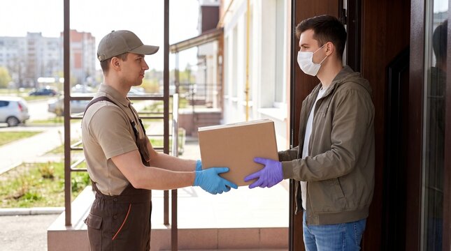 Masked courier hands cardboard parcel to customer at apartment doorway. Contactless home delivery and package handoff. Online shopping, ecommerce fulfillment and safe shipping