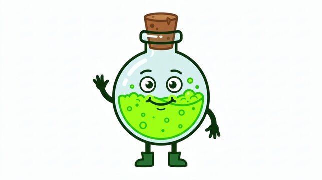 Flat Vector Potion Bottle Character Bubbling Green Liquid Full Color Illustration

