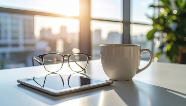 Remote work and digital nomad lifestyle tablet with glasses and coffee cup on desk in modern office with city view at sunrise Modern office environment with large windows overlooking a city skyline