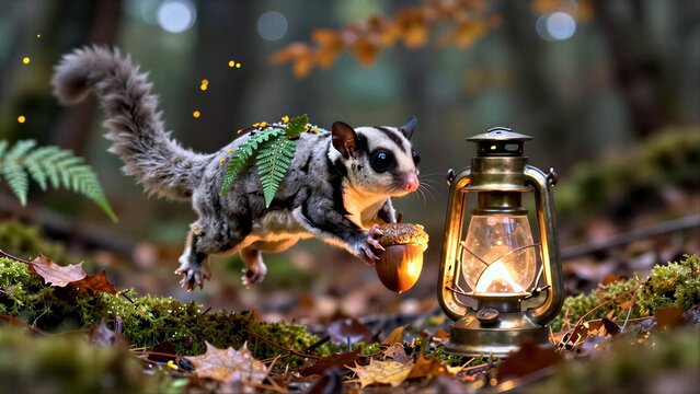 A flying squirrel holds an acorn near a glowing lantern in autumn forest.