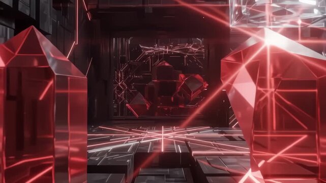 Futuristic Red Crystals and Laser Beams in Metallic Sci-Fi Environment, Forward Tracking Shot