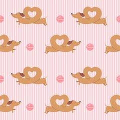 Fototapeta premium dachshund dog seamless pattern with ball and stripes for wallpaper and textile print