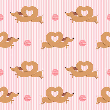 dachshund dog seamless pattern with ball and stripes for wallpaper and textile print