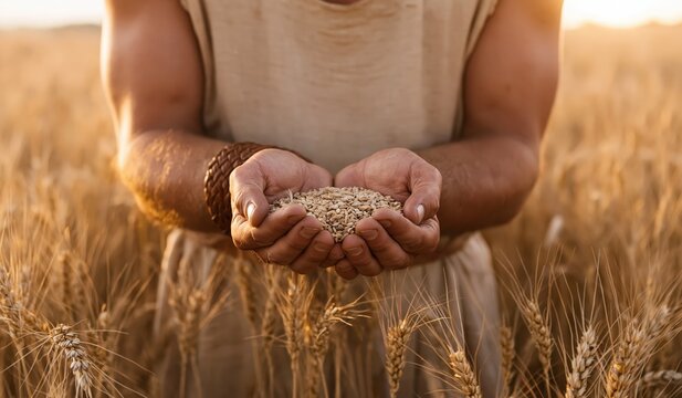 Farmer holding a handful of golden wheat grain during the sunset harvest in an organic field