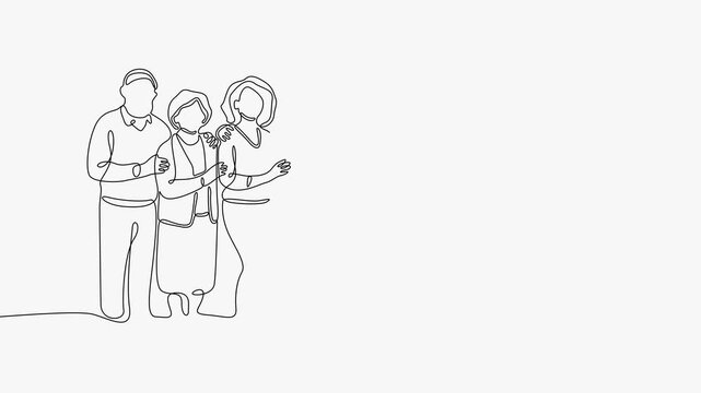 Continuous Line Art Animation Of Big Multigenerational Extended Family Standing Together