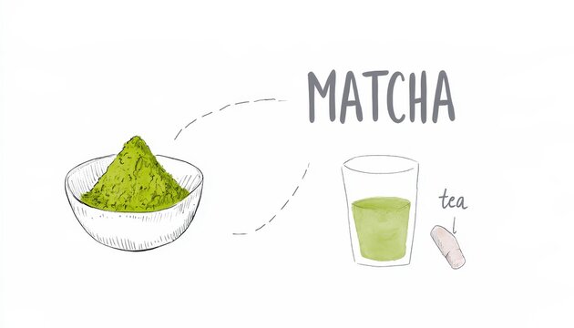 Matcha preparation illustration showing powder and tea in glass with