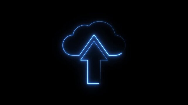 Blue neon cloud upload icon on black background image