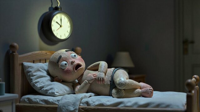 Child wakes up to ticking bomb clock in dark bedroom, startled expression.