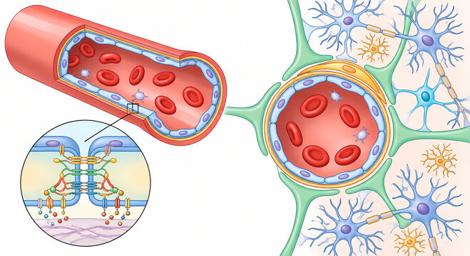Medical diagram of blood brain barrier showing capillary cross section, tight junctions detail, endothelial cells, astrocytes, and neurons