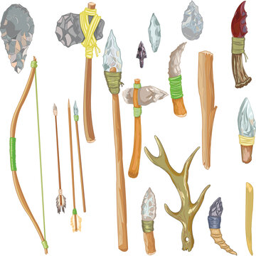 Prehistoric wooden spears, axes and primitive tools vector set isolated on white background