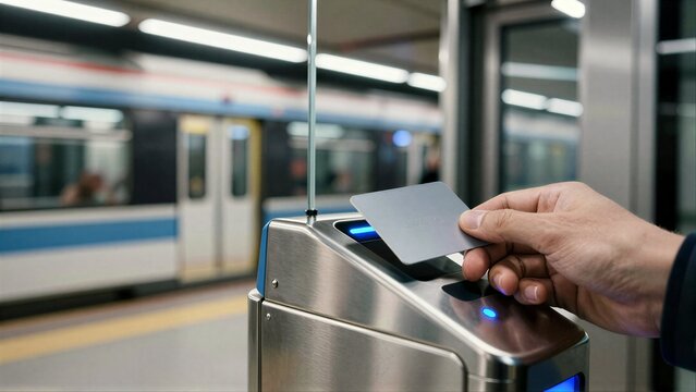 Person taps transit card at subway station gate, train visible in background.