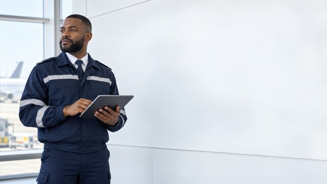 Professional male airport ground staff member using tablet at terminal window with aircraft view