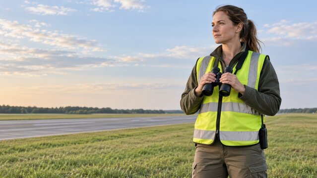 Professional female airport ground observer holding binoculars on airfield runway at dusk for flight monitoring safety inspection